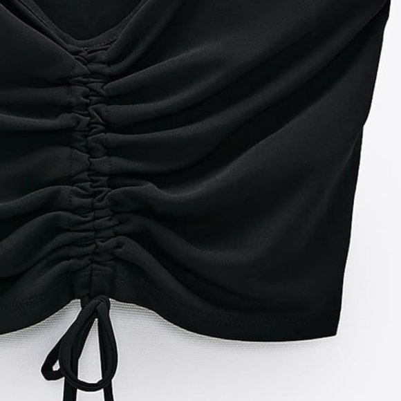 NEW Zara Black Gathered Ruched V Neck Stretch Knit Cropped Cami Top Size Large L - Picture 7 of 8